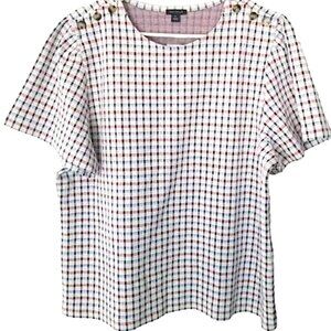 Ann Taylor Womens XL White Checkered Gingham Puff Short Sleeves Blouse Top